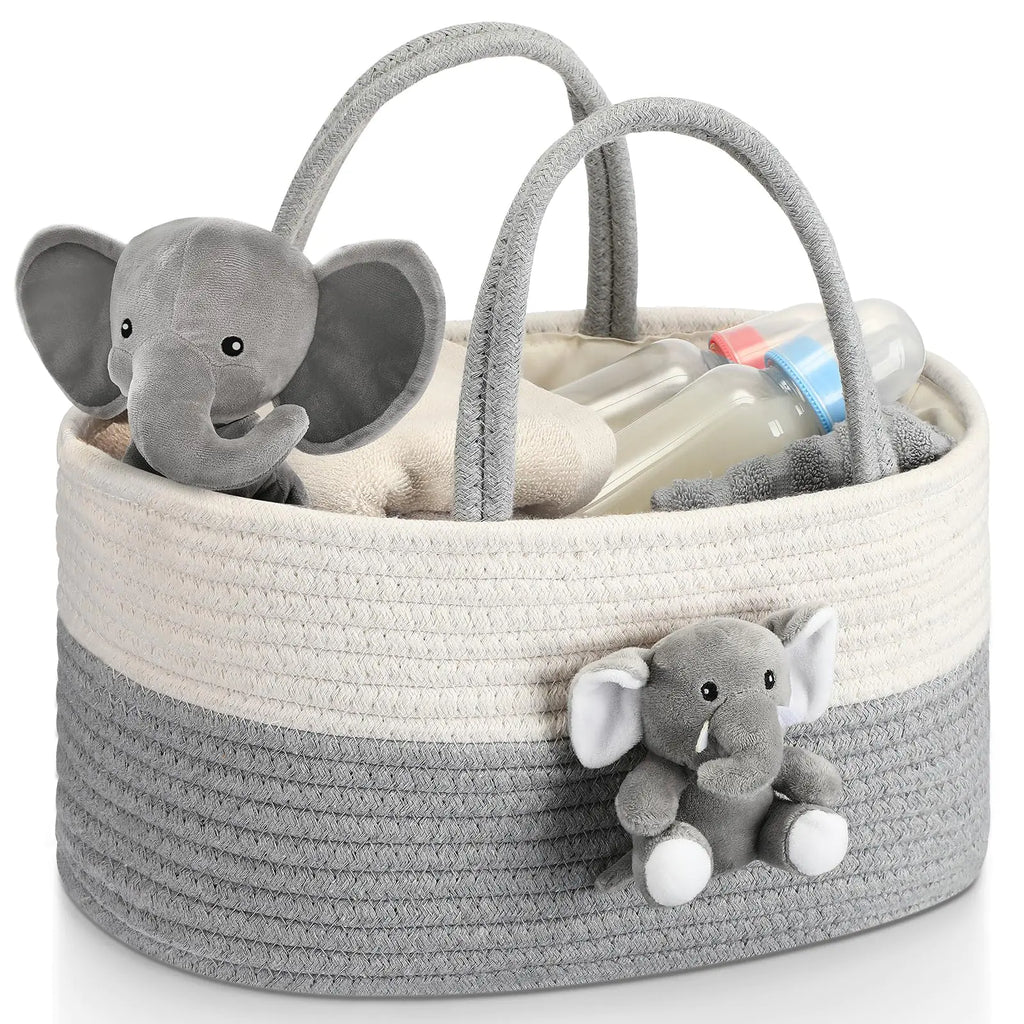 FoldTier Elephant Diaper Caddy Organizer Cart Storage for Nursery with Handle Baby Shower Basket Gift Baby Bath Caddy for Diapers Baby Wipes Elephant Basket for Baby Nursery(Large)
