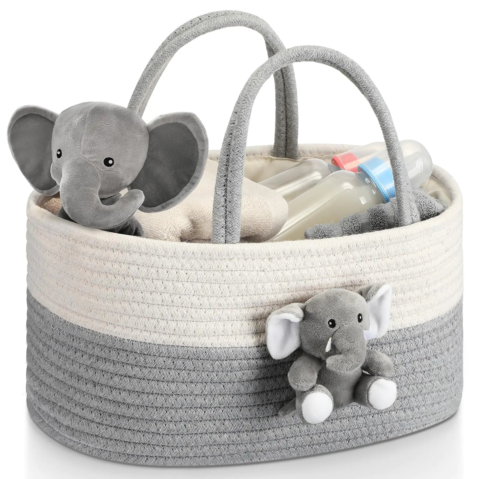 FoldTier Elephant Diaper Caddy Organizer Cart Storage for Nursery with Handle Baby Shower Basket Gift Baby Bath Caddy for Diapers Baby Wipes Elephant Basket for Baby Nursery(Large)