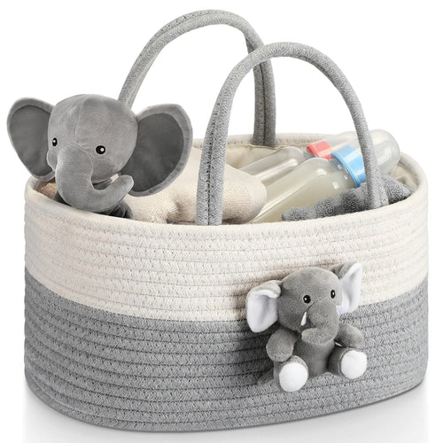 FoldTier Elephant Diaper Caddy Organizer Cart Storage for Nursery with Handle Baby Shower Basket Gift Baby Bath Caddy for Diapers Baby Wipes Elephant Basket for Baby Nursery(Large)